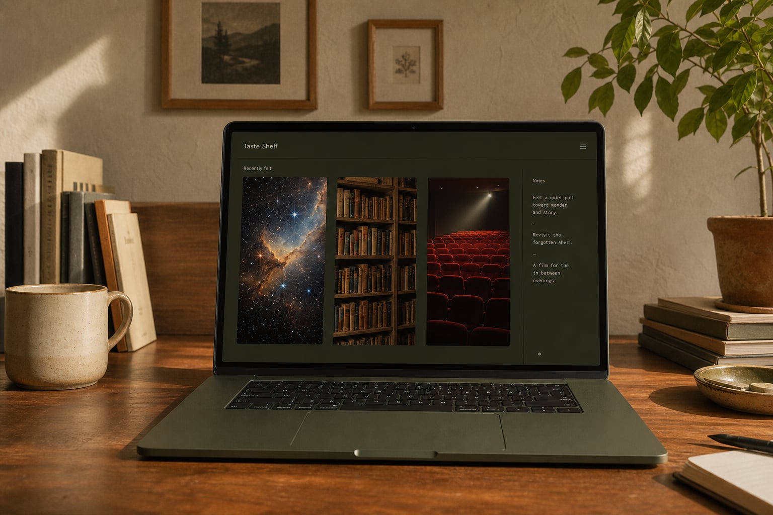 An illustrative Taste Shelf library on a laptop in a sunlit reading room.